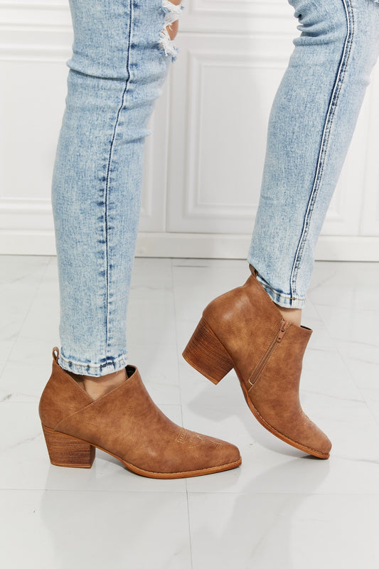 MMShoes Trust Yourself Embroidered Crossover Cowboy Bootie in Caramel  Shoes- Doll Fits