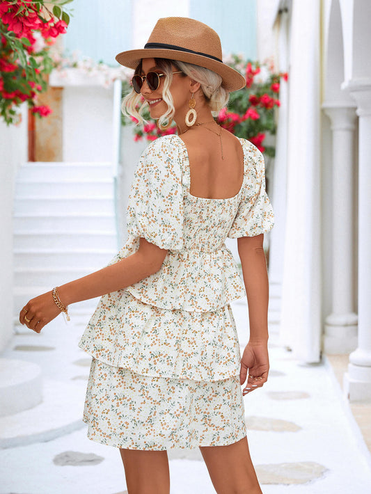 Floral Smocked Puff Sleeve Square Neck Layered Dress  Dresses- Doll Fits