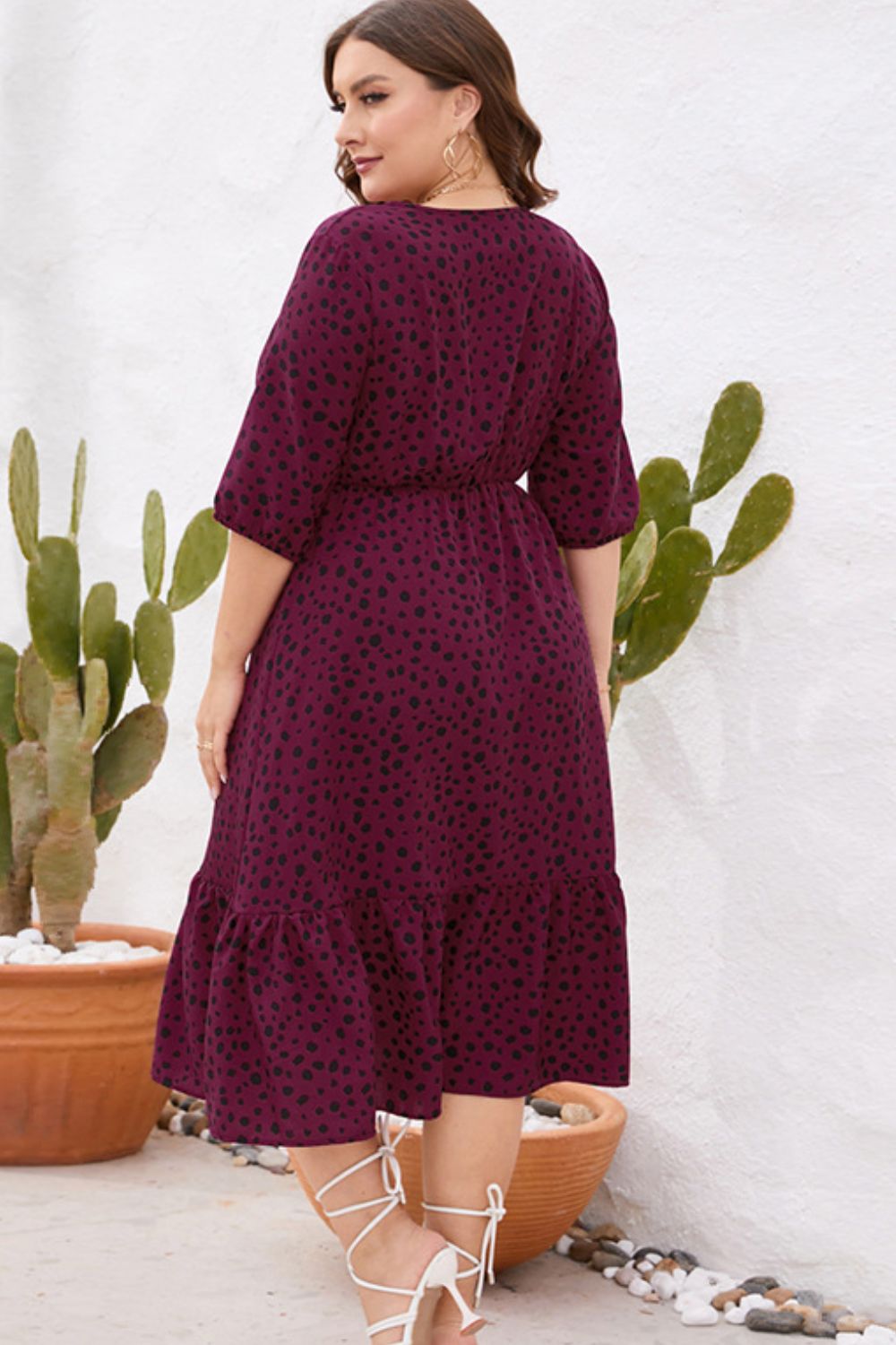 Plus Size Printed Surplice Ruffle Hem Dress  Dresses- Doll Fits