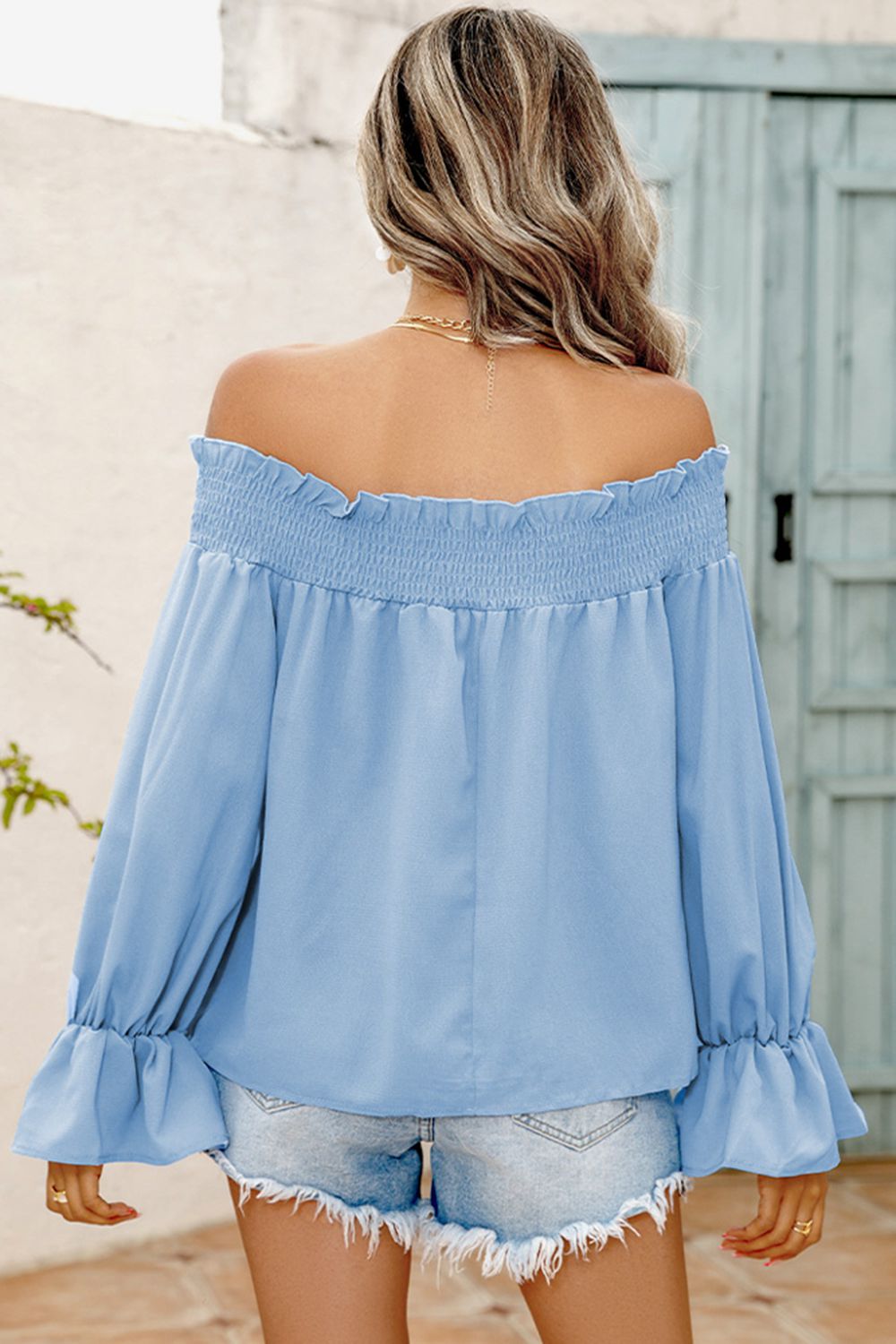 Off-Shoulder Flare Sleeve Smocked Neck Blouse  Shirts & Tops- Doll Fits