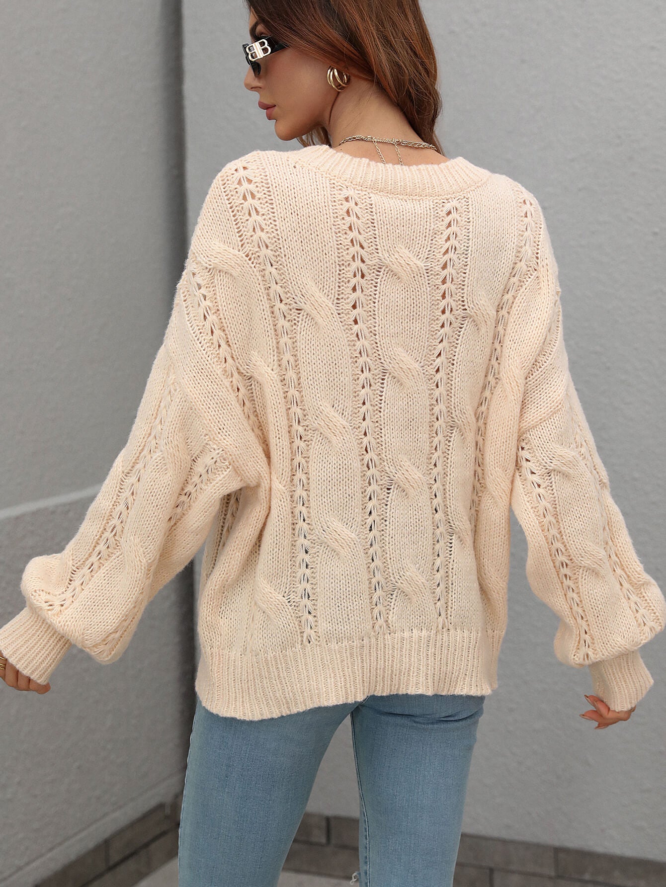 Cable-Knit Openwork Round Neck Sweater  Shirts & Tops- Doll Fits