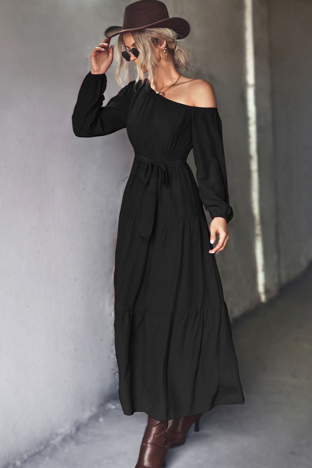 Belted One-Shoulder Tiered Maxi Dress  Dresses- Doll Fits